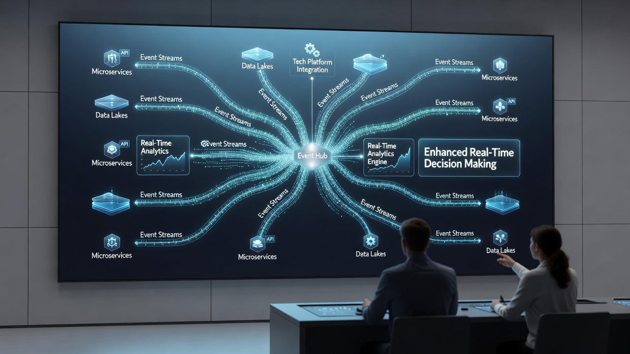 Flowchart of real-time decision pipeline using event brokers to connect analytics engines with platform services
