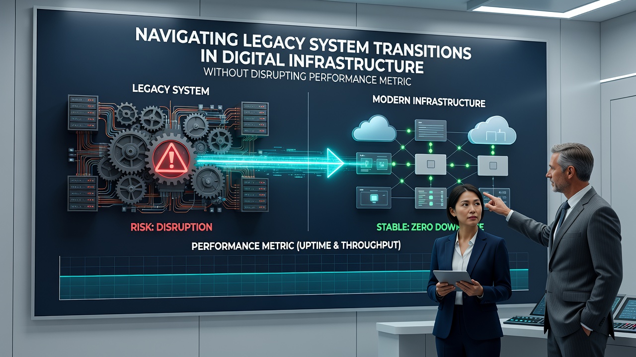 Engineers monitoring real-time performance dashboards during a system transition
